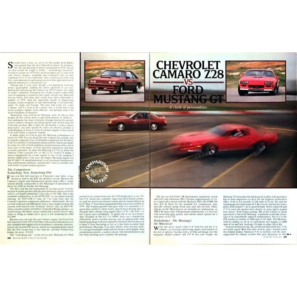 1982 Camaro Z28 vs Mustang GT Road Test Technical Data Review Article